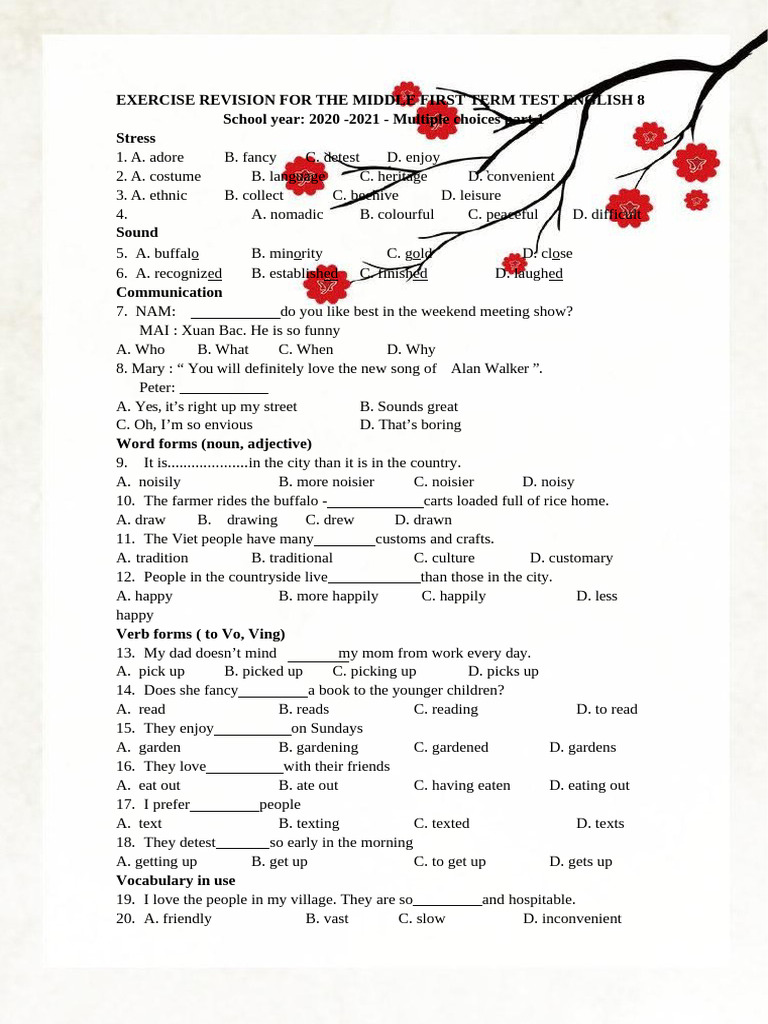 English 8 First Term Test Revision | PDF | Linguistic Typology | Syntax