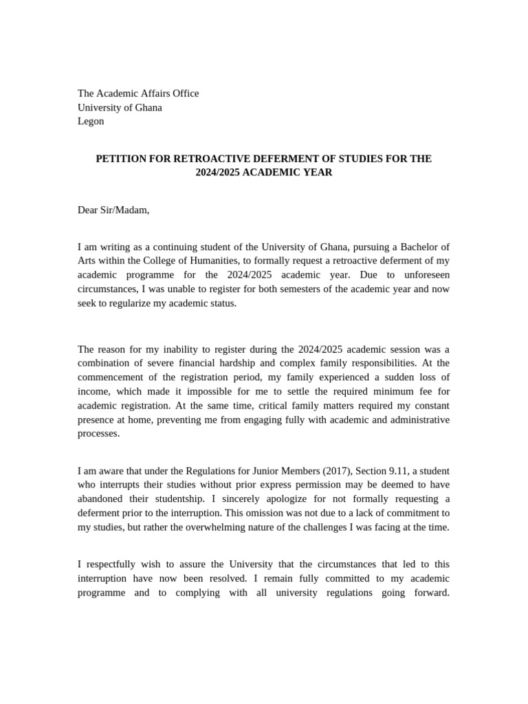 Retroactive Deferment Petition 2024/2025 | PDF