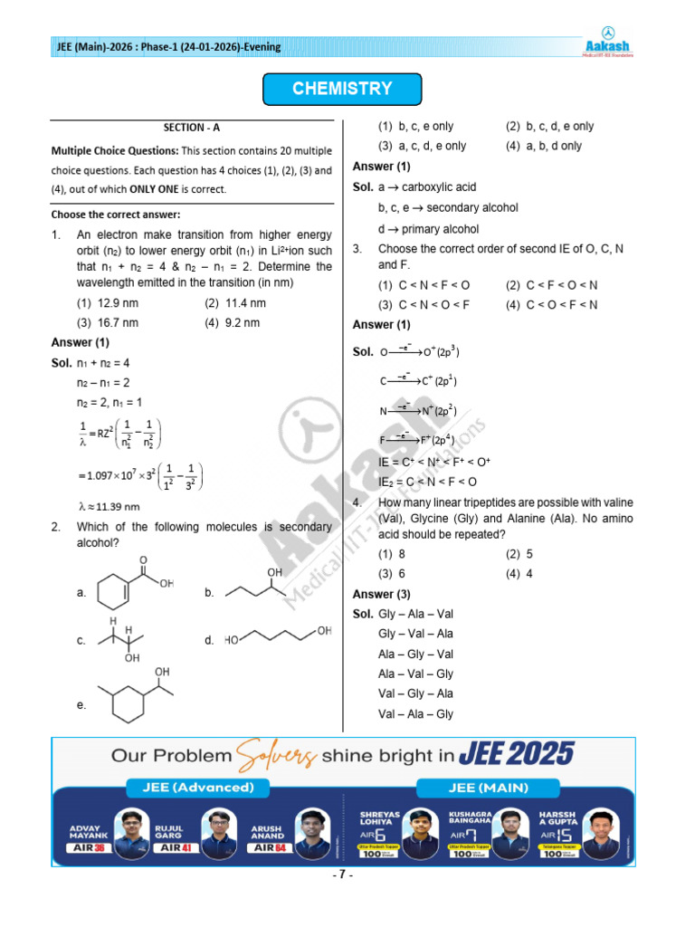 JEE Main 2026 Chemistry Question Set | PDF | Covalent Bond | Applied ...