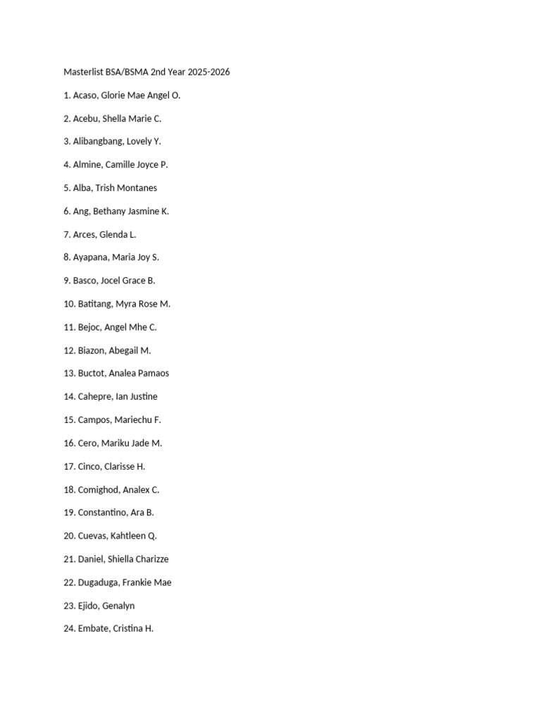 BSA/BSMA 2nd Year Masterlist 2025-2026 | PDF