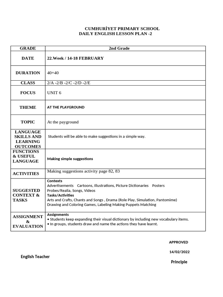 2nd Grade English Lesson Plan: Playground | PDF
