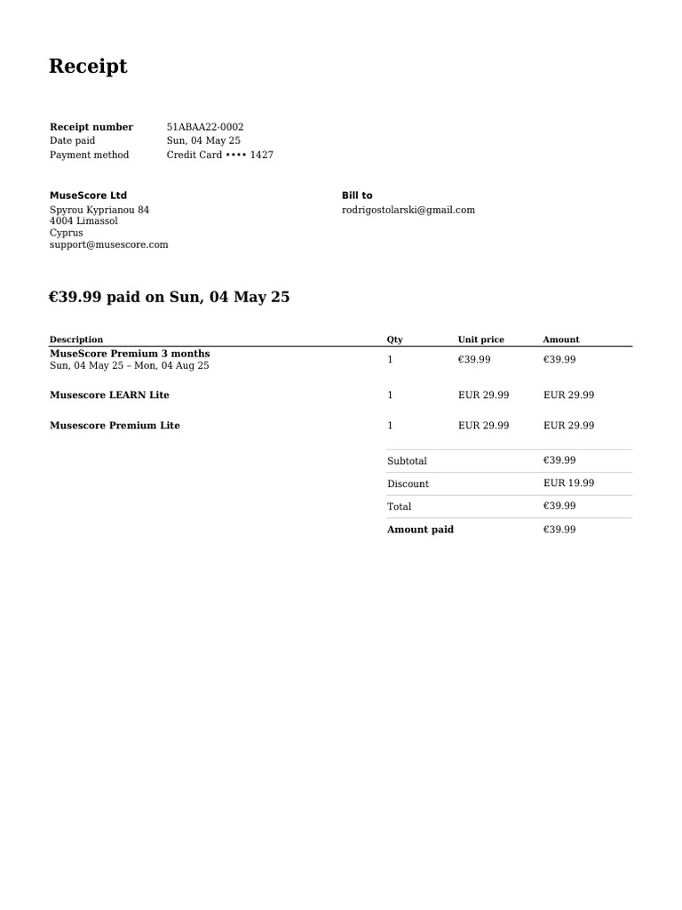 MuseScore Premium Receipt - €39.99 | PDF