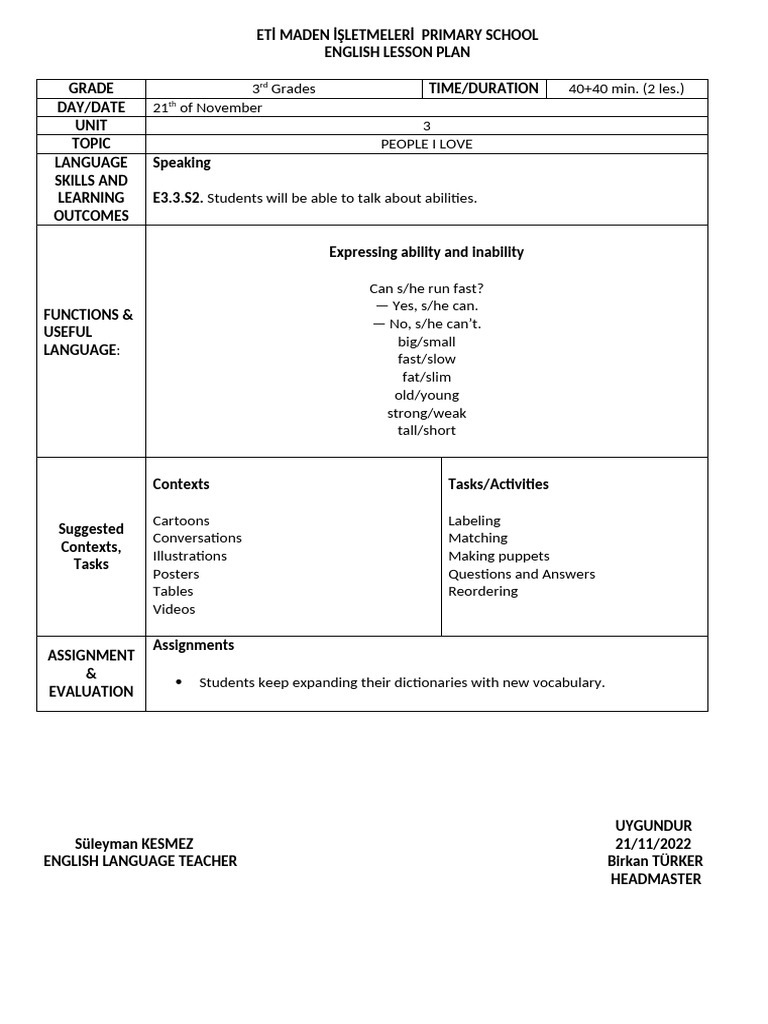 3rd Grade English Lesson Plan: People I Love | PDF