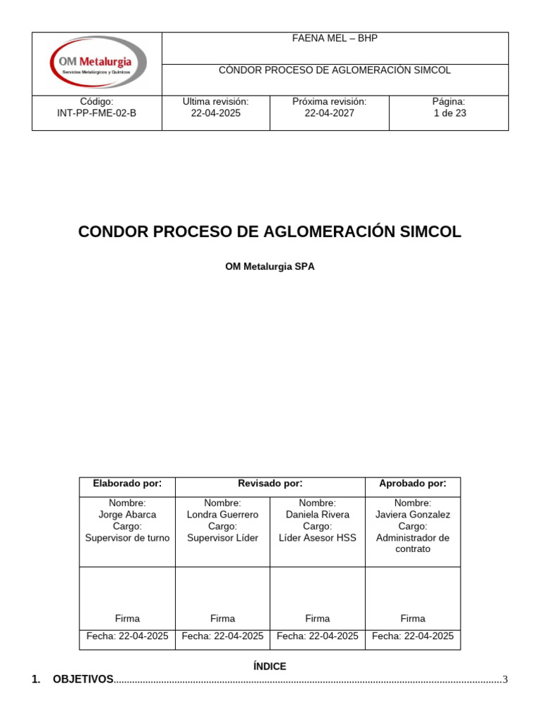 INT-PP-FME-02-B CÓNDOR PROCESO DE AGLOMERACIÓN SIMCOL | PDF | Residuos ...