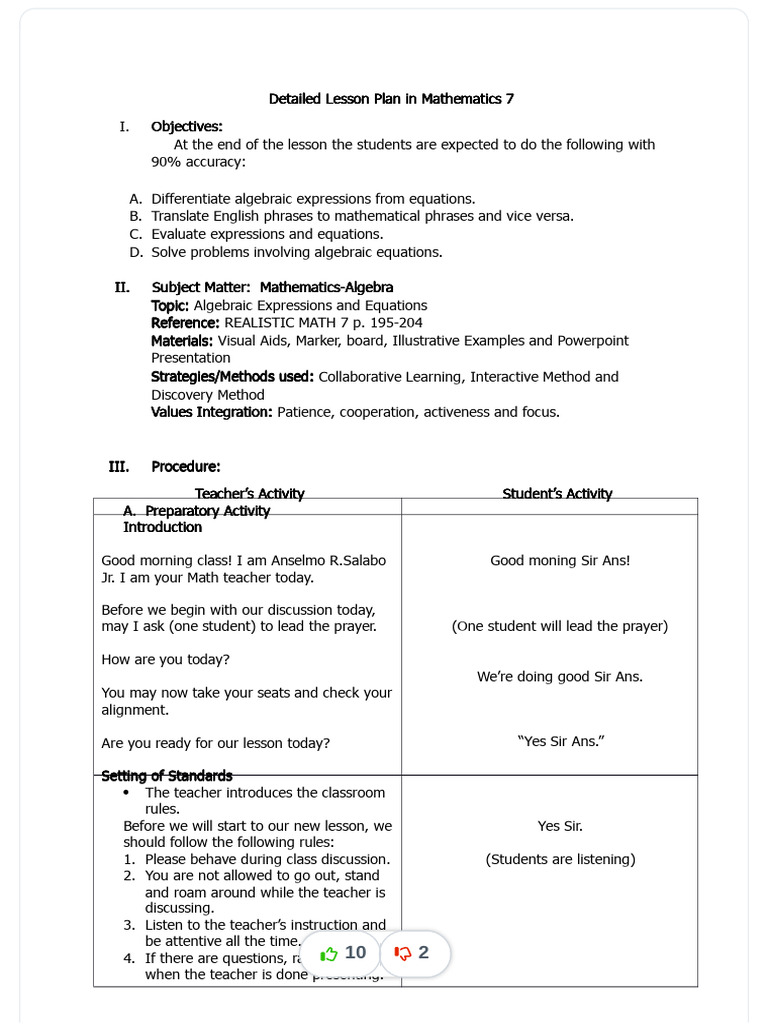 Lesson Plan: Algebraic Expressions & Equations | PDF | Equations ...