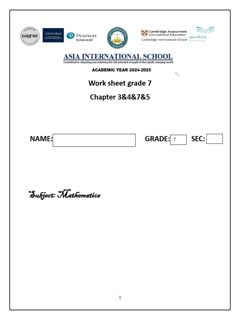 Grade 7 Mathematics Worksheet | PDF