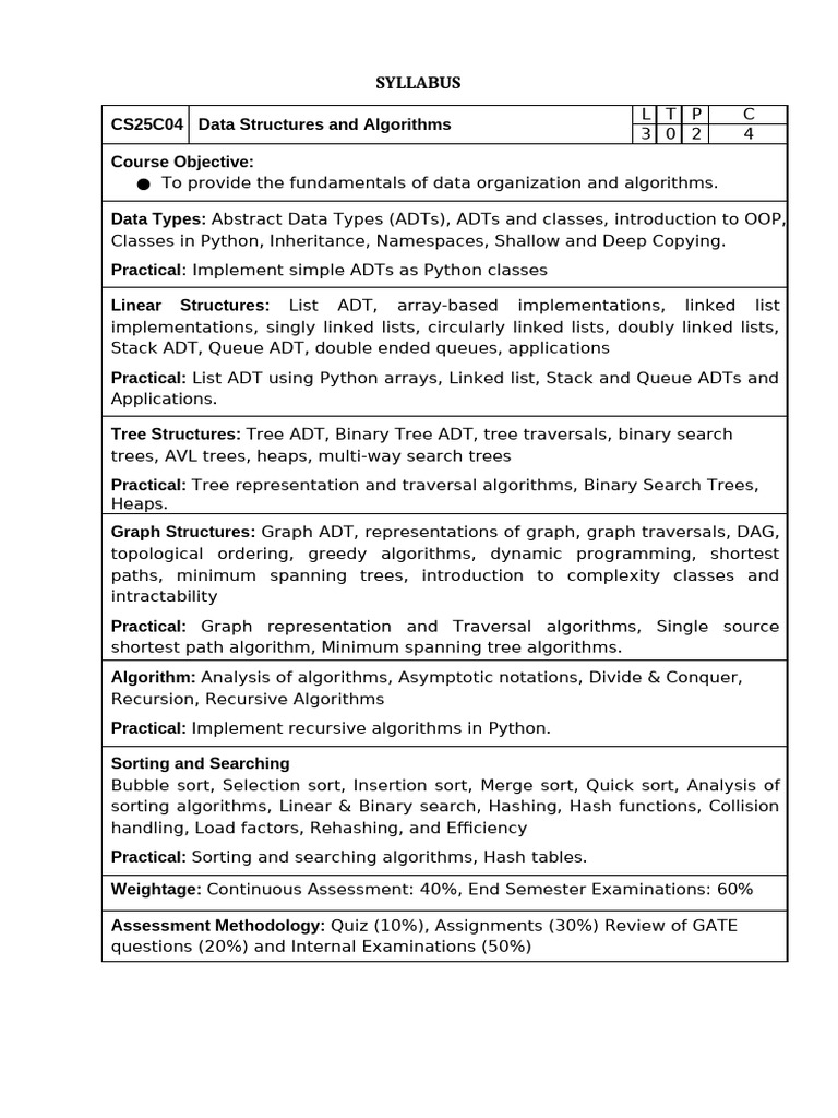 Data Structures and Algorithms Syllabus | PDF | Algorithms And Data ...