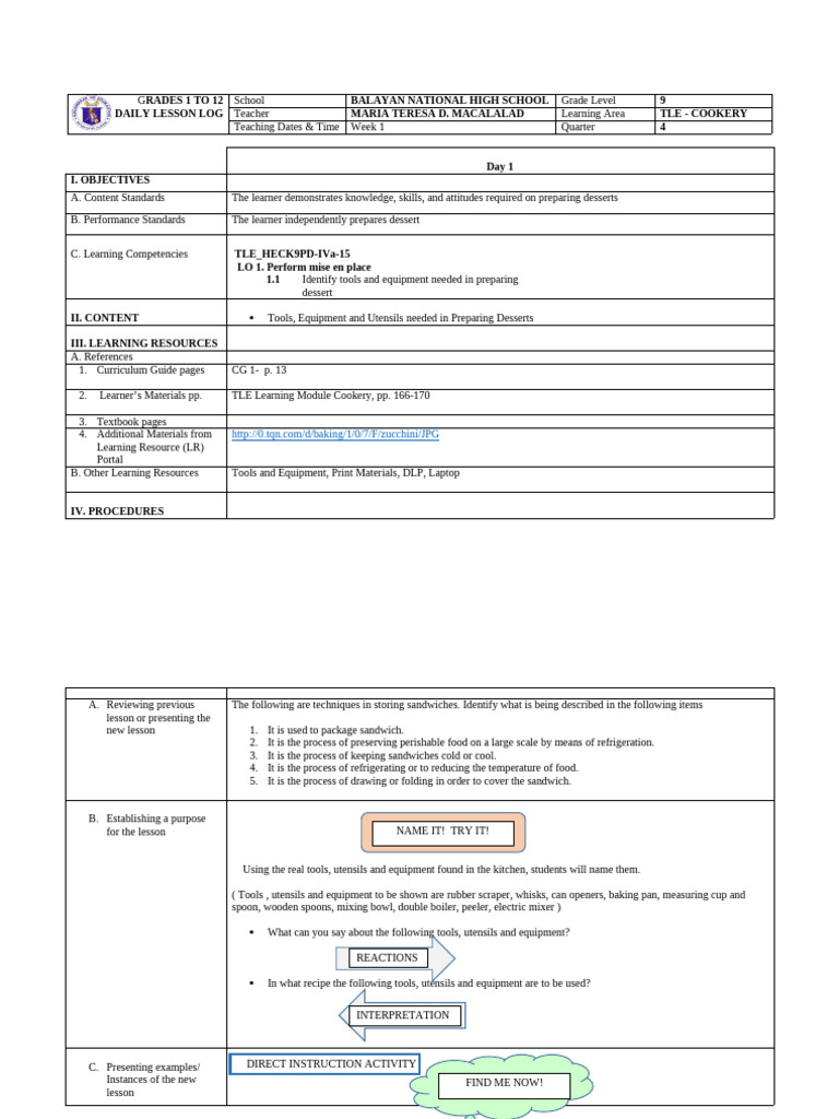 Grade 9 TLE Cookery Daily Lesson Plan | PDF | Kitchen Utensil | Learning