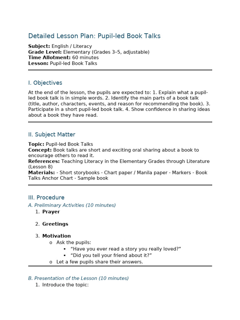 Pupil-led Book Talks Lesson Plan | PDF | Behavior Modification | Cognition