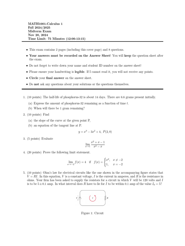 MATH1001 Mid-term Exam 2024-2025 | PDF | Electricity | Electrical ...