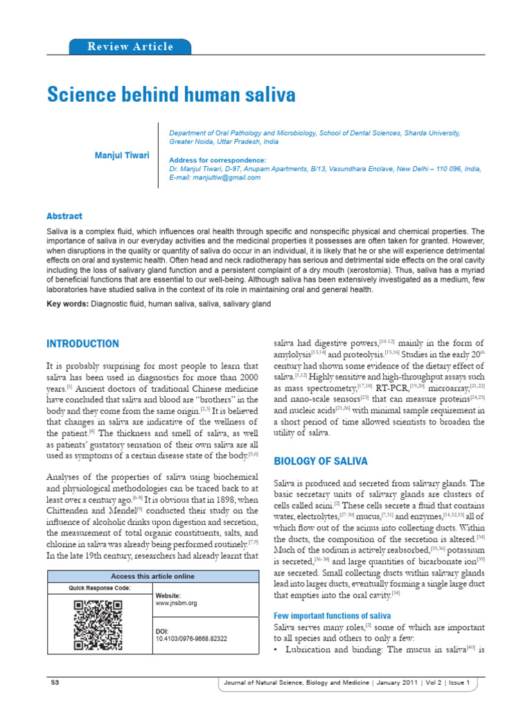 The Role of Saliva in Health and Diagnostics | PDF | Saliva | Proteomics