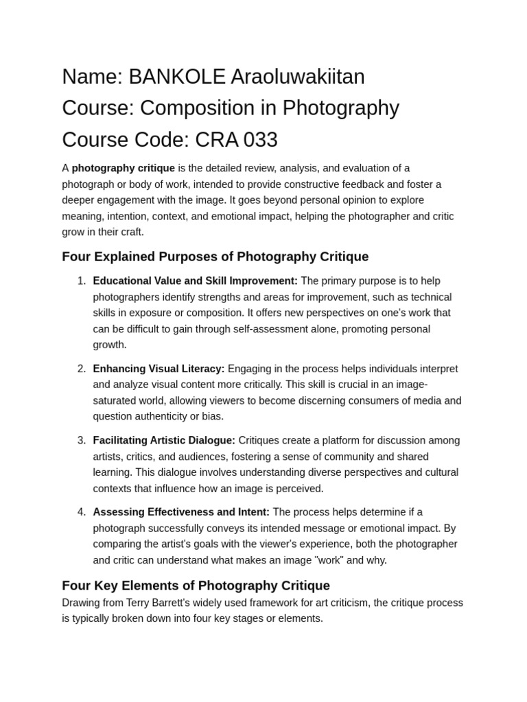 Photography Critique Assignment | PDF | Composition (Visual Arts) | Image