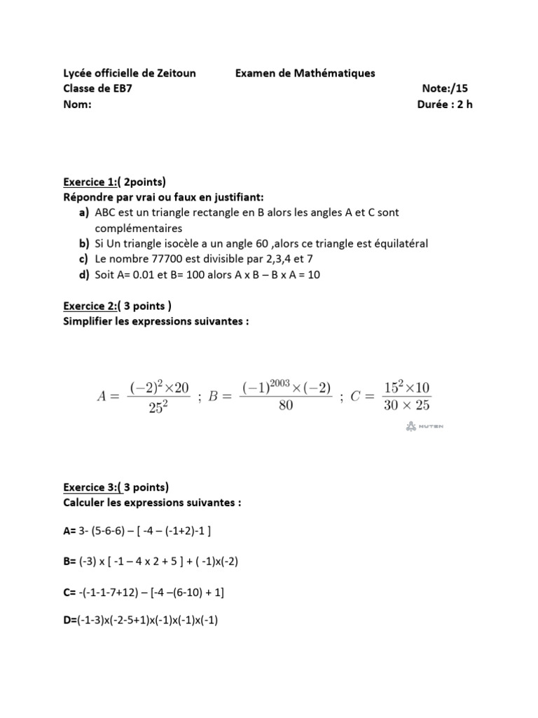 Examen de Mathématiques EB7 Zeitoun | PDF