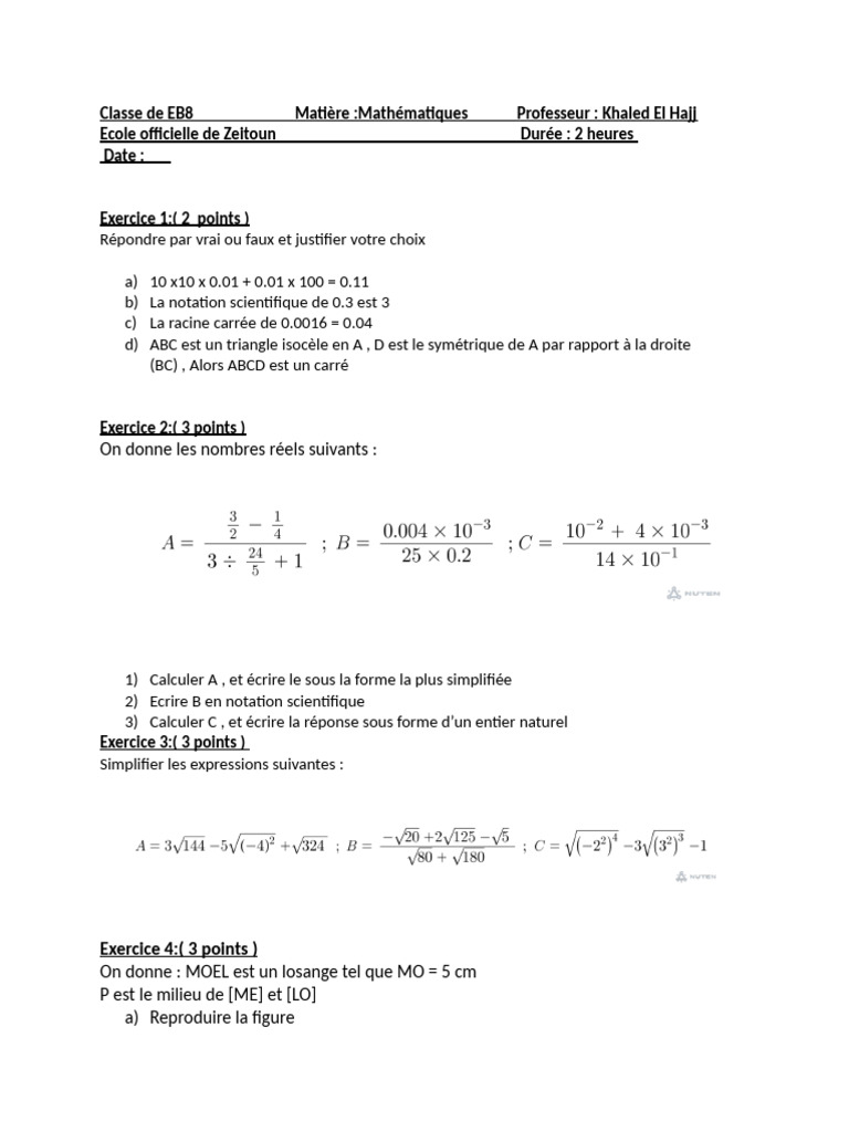 Exercices de mathématiques pour EB8 | PDF