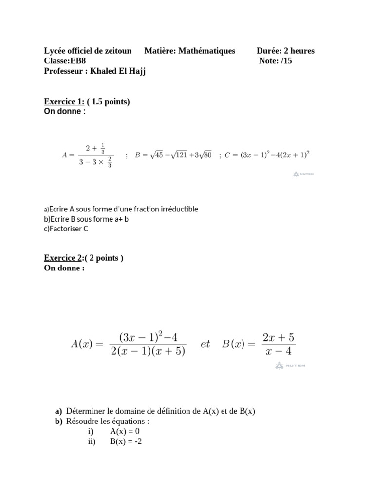 Examen de Mathématiques EB8 - Lycée Zeitoun | PDF