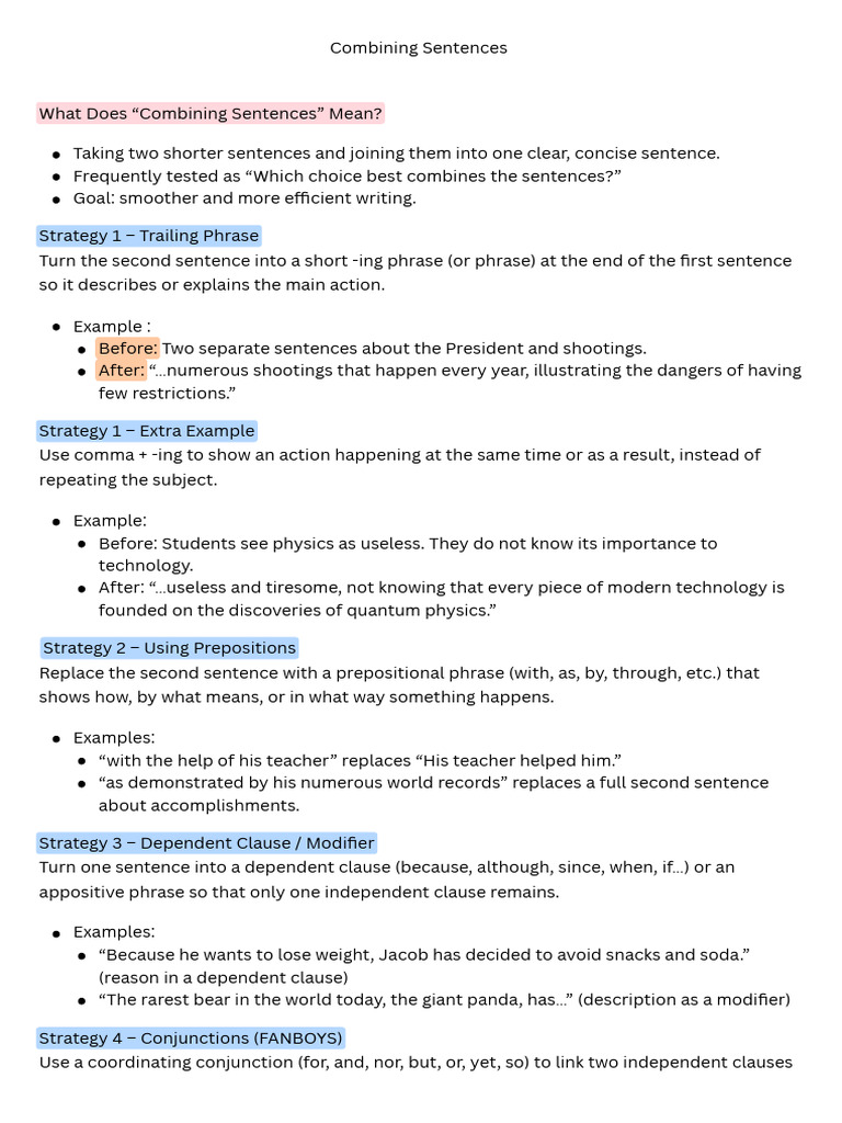 Combining Sentences Objectives | PDF | Phrase | Clause