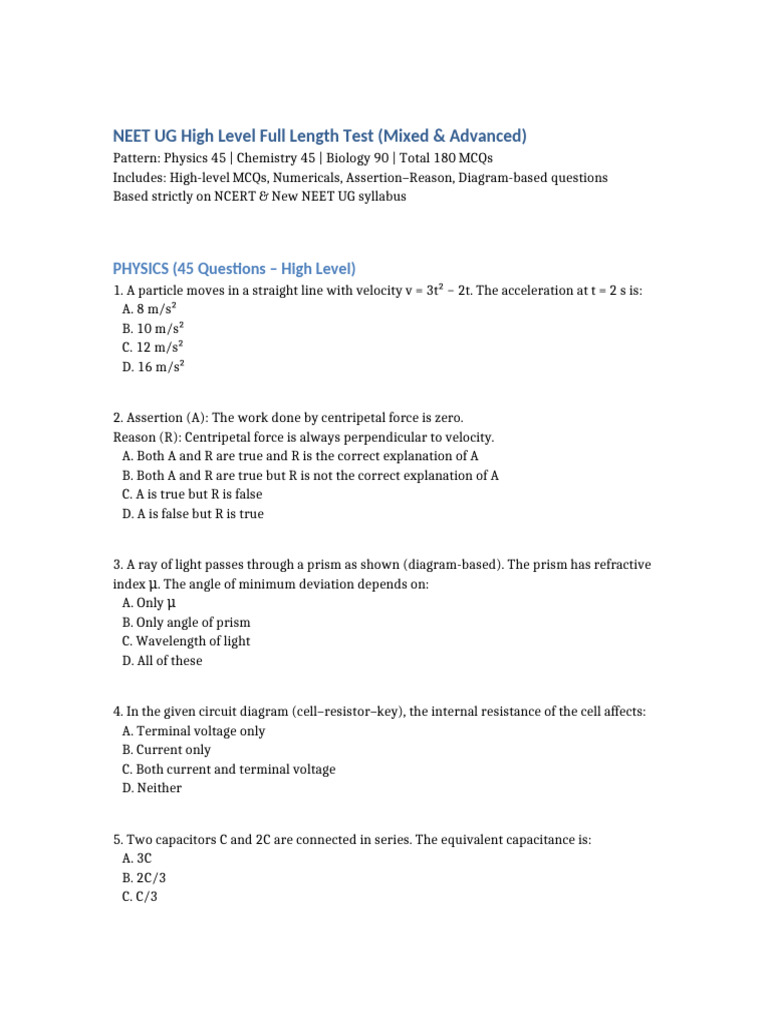 NEET UG Full Length Test MCQs | PDF | Series And Parallel Circuits ...