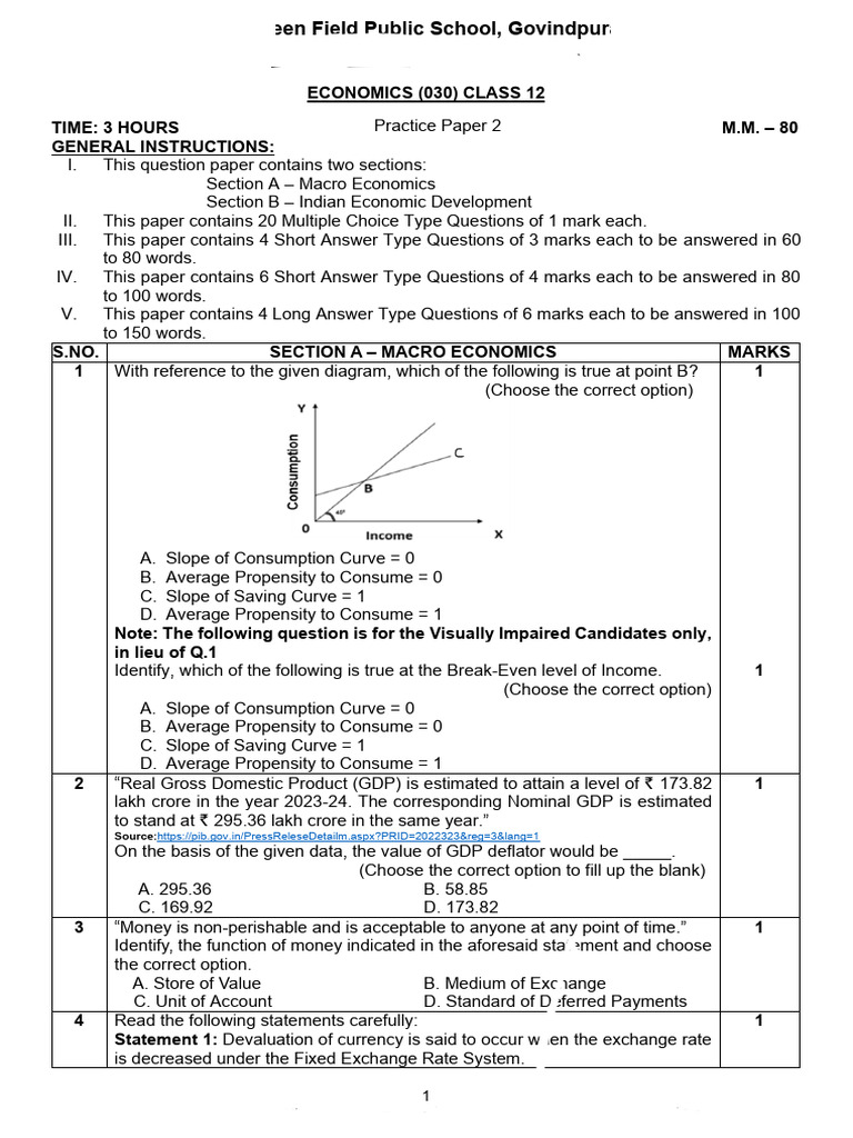 Class 12 Economics Sample Paper 2025-26 | PDF | Government Budget ...