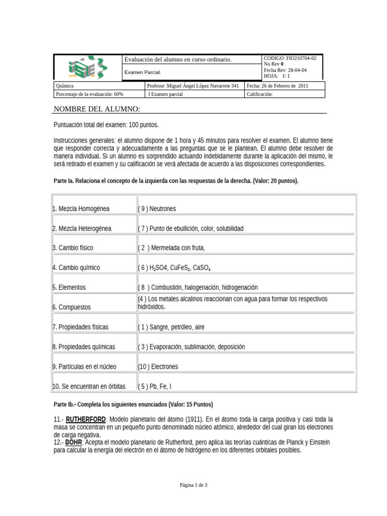 Examen de Química 1b 2011 MALN Contestado | PDF | Mecánica cuántica ...