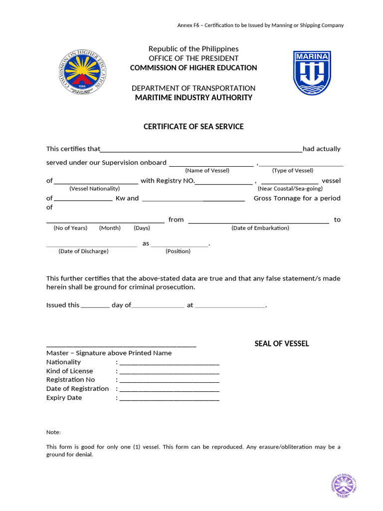 Certificate of Sea Service Template | PDF