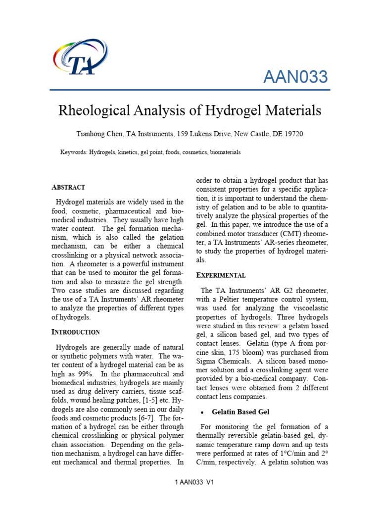 Rheological Study of Hydrogel Materials | PDF | Gel | Gelatin
