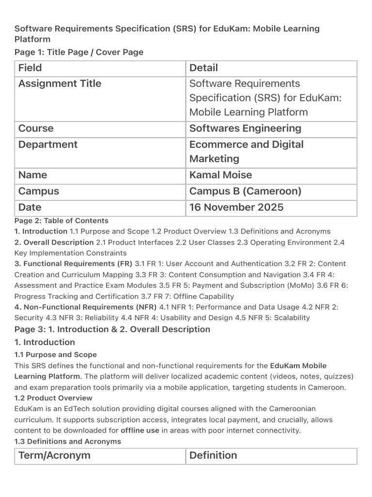 EduKam Mobile Learning SRS Document | PDF | Mobile App | Digital Rights ...