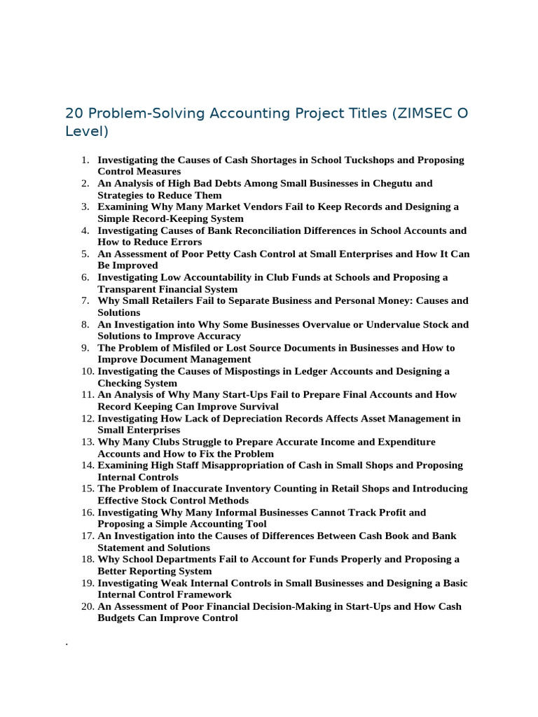 20 Accounting Project Ideas for ZIMSEC | PDF