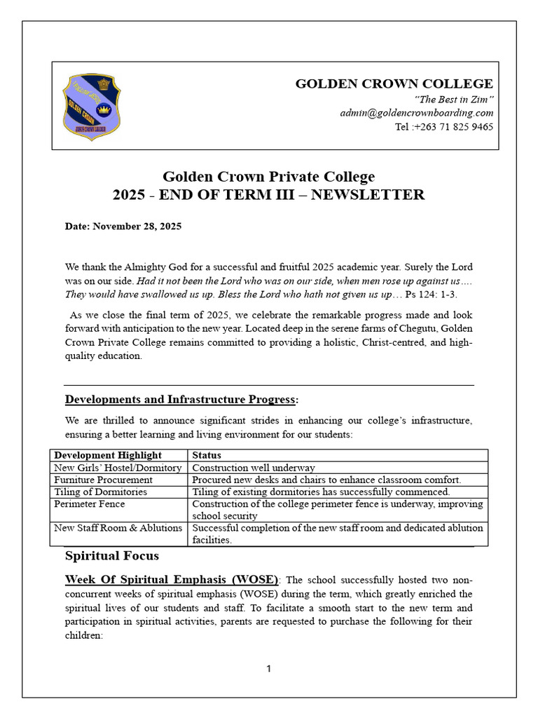 Golden Crown College 2025 Newsletter | PDF