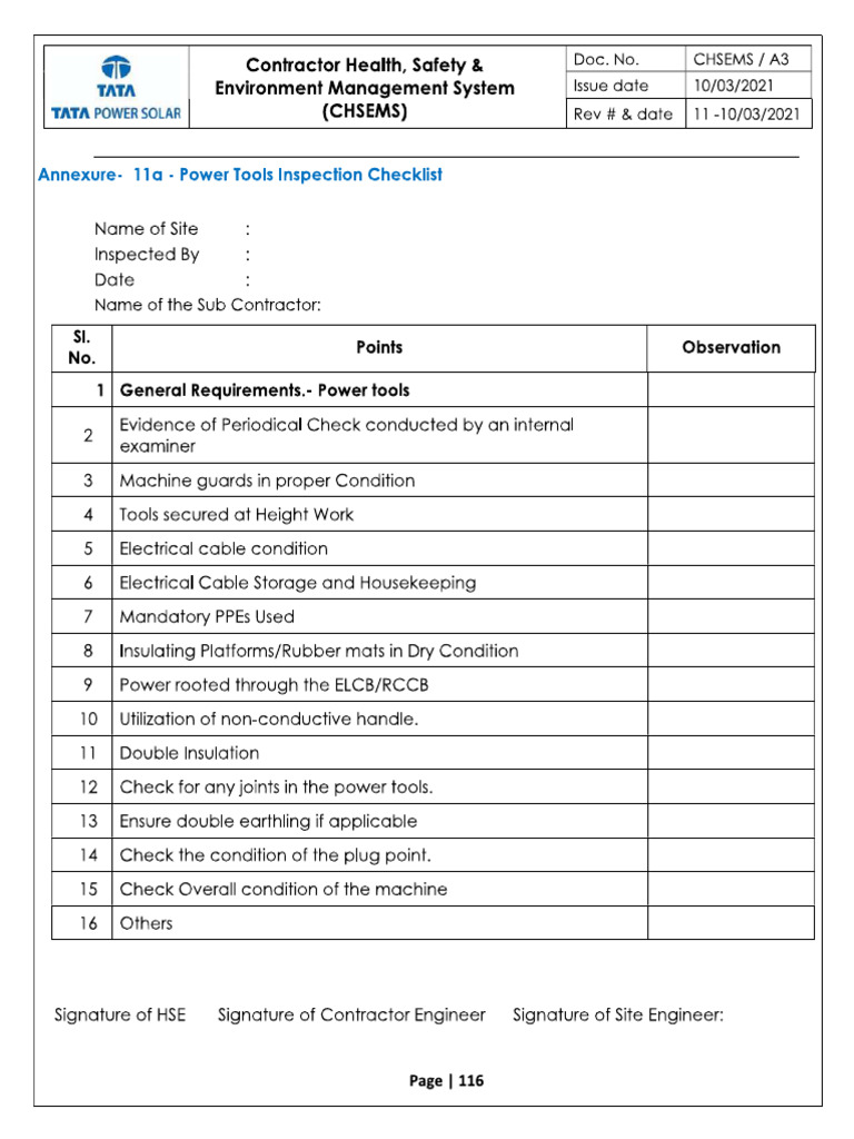 Power Tools Inspection Check List | PDF