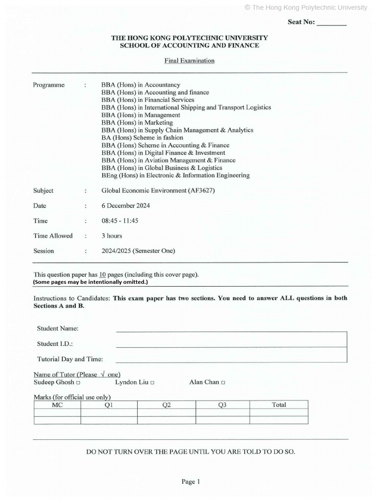 HK PolyU BBA Final Exam Schedule 2024 | PDF