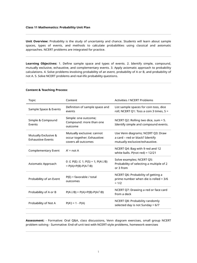 Class 11 Probability Unit Plan | PDF | Probability | Measure Theory