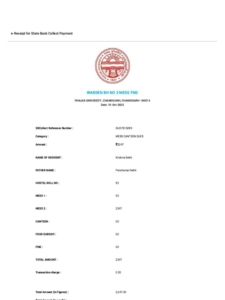 e-Receipt for MESS Dues Payment | PDF