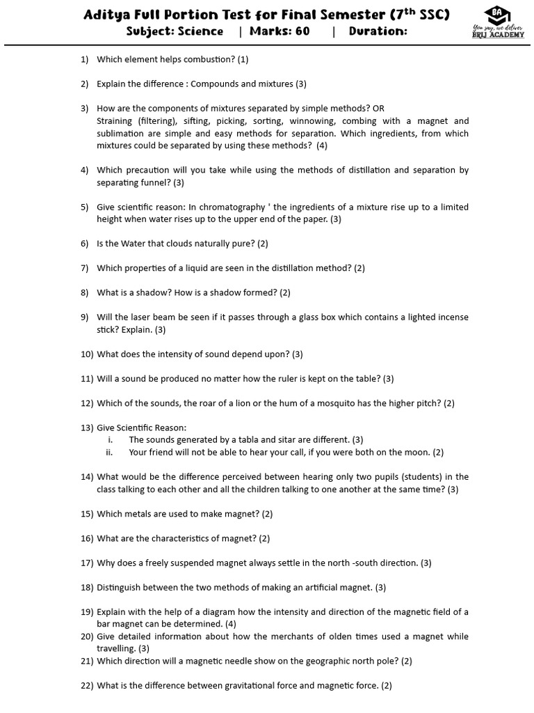 ADITYA Full Portion Test for Final Semester (7th SSC) | PDF
