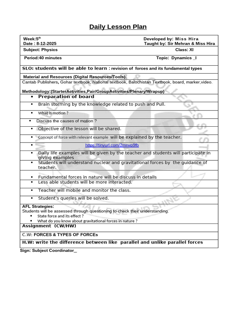 Physics Lesson Plans: Dynamics & Kinematics | PDF | Force | Weight