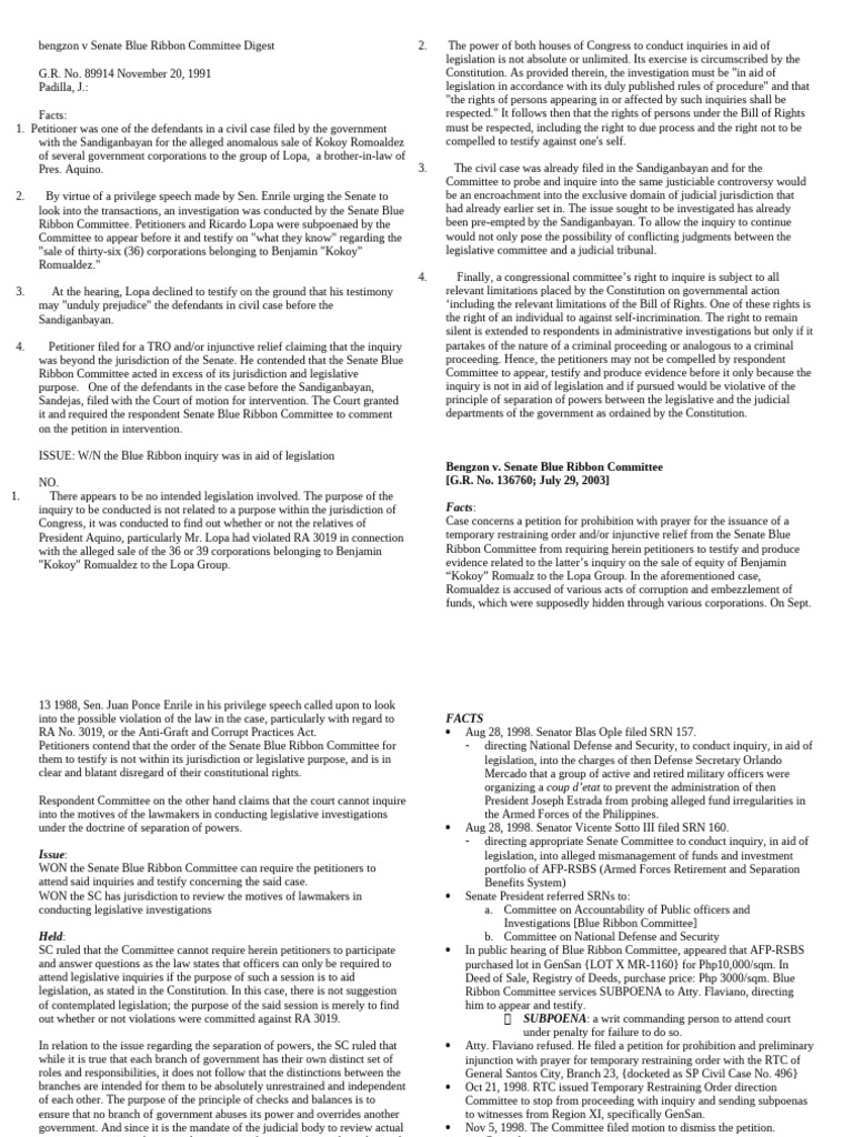 Bengzon v. Senate Blue Ribbon Case Summary | PDF | Injunction ...