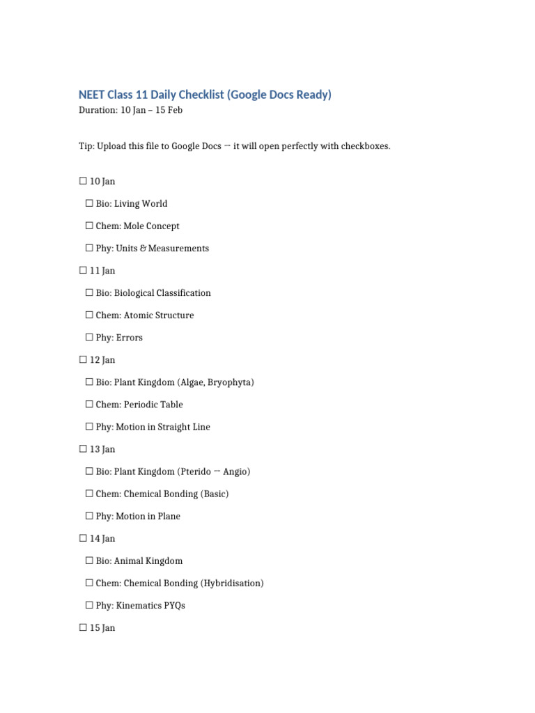 NEET Class 11 Study Checklist | PDF | Chemistry | Plants