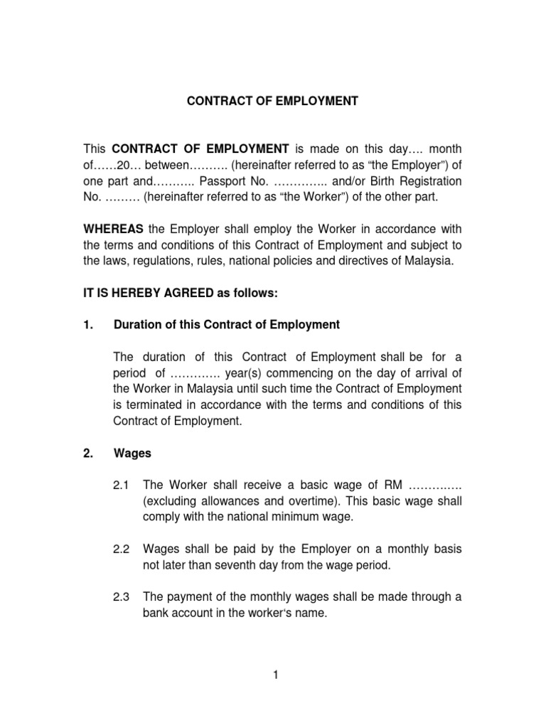 Employment Contract Template Malaysia | PDF | Employment | Labour Law