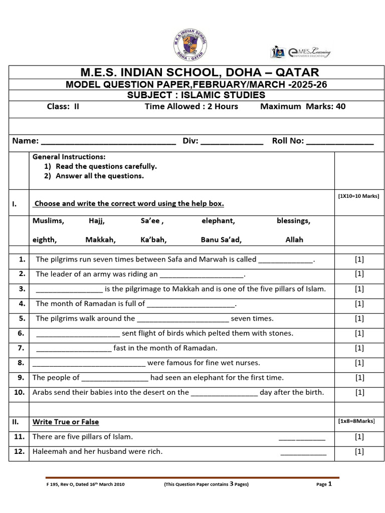Islamic Studies Model Question Paper | PDF | Mecca | Hajj