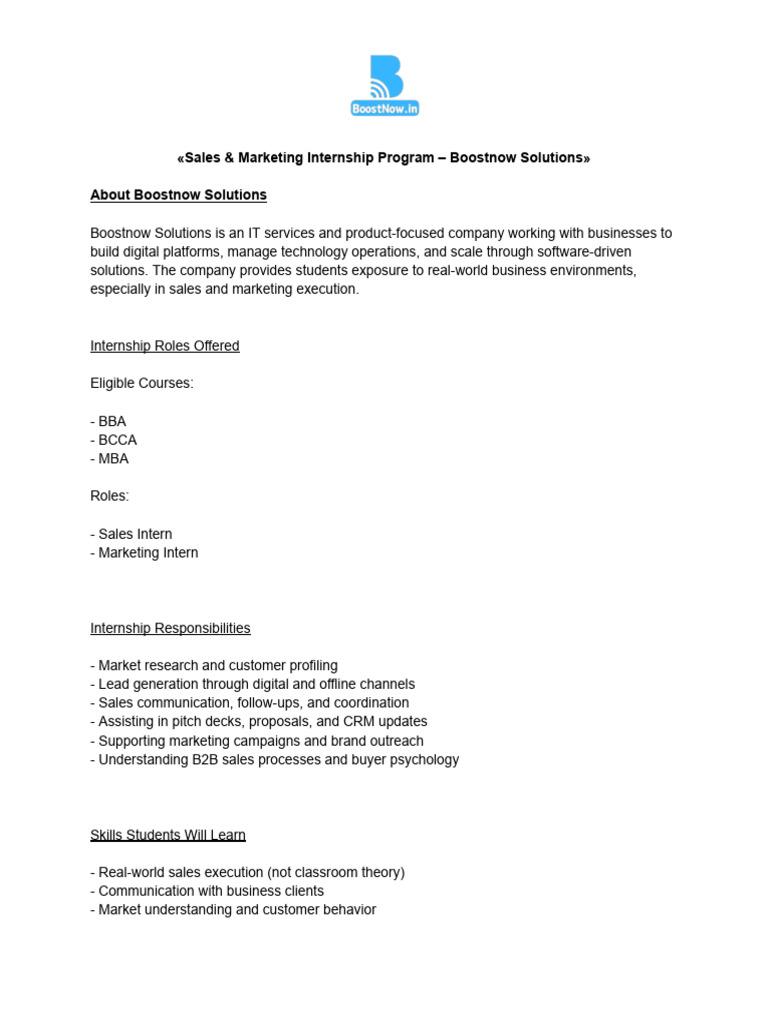 «Sales & Marketing Internship Program – Boostnow Solutions» | PDF