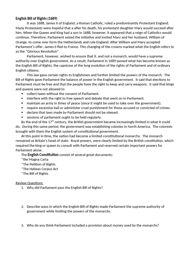 English Bill of Rights Overview (1689) | PDF | Parliament | Constitution