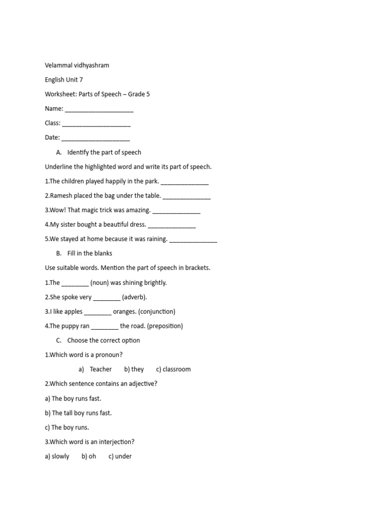 Grade 5 Parts of Speech Worksheet | PDF | Part Of Speech | Adverb