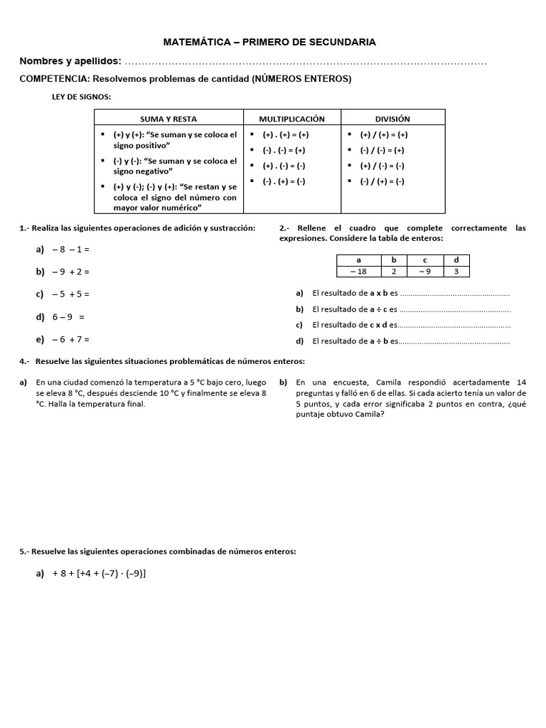 Problemas de Números Enteros y Racionales | PDF | Sustracción | Matemáticas