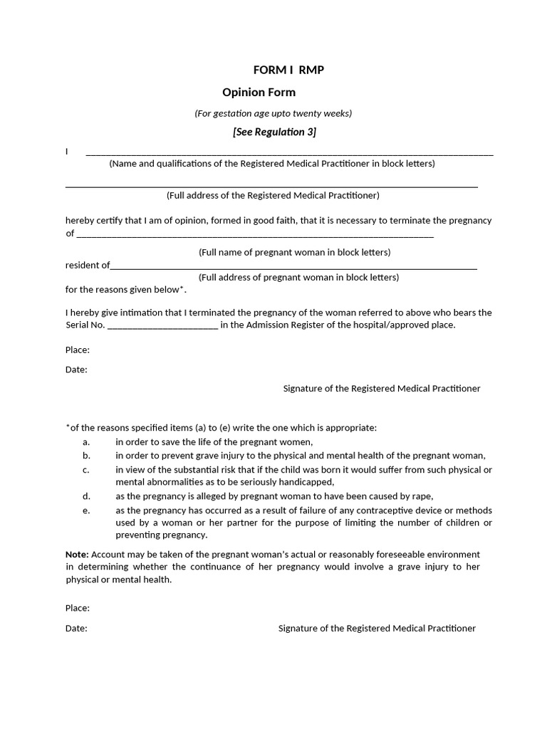 RMP Opinion Form for Pregnancy Termination | PDF