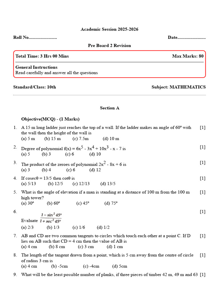 Class 10 Mathematics Pre Board 2025-26 | PDF | Circle | Geometric Shapes
