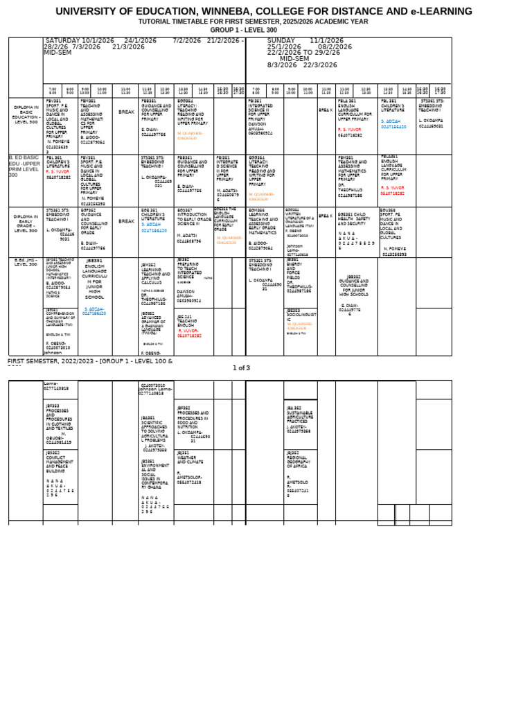 2025/2026 Tutorial Timetable for Levels 100 & 300 | PDF