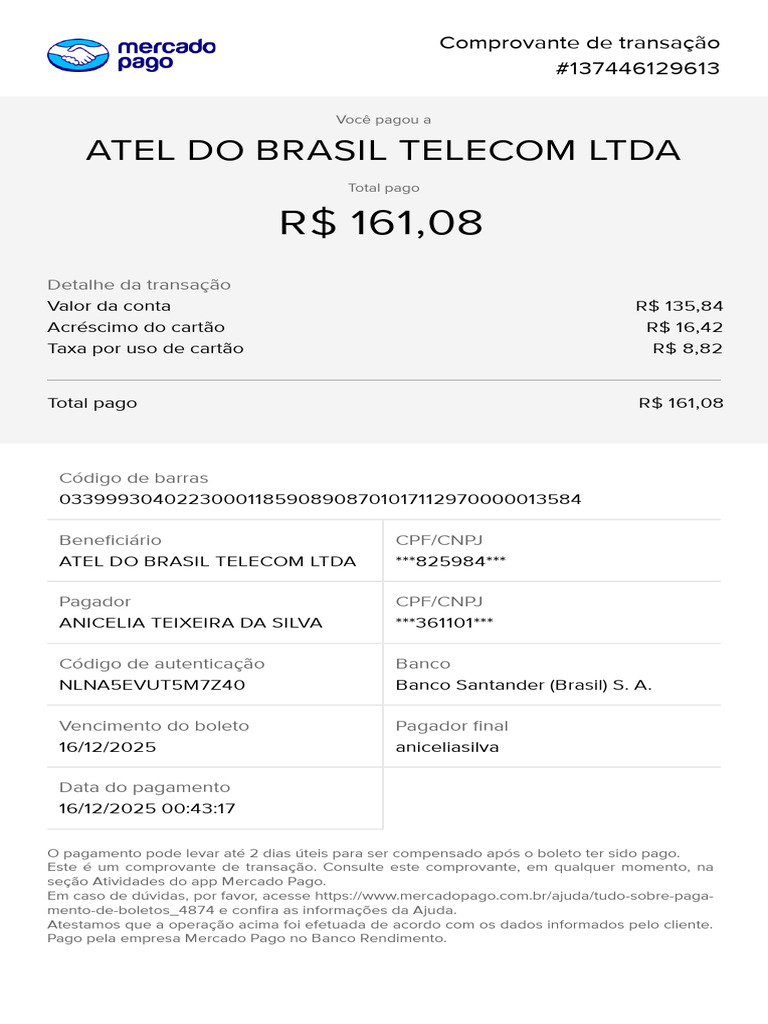 Comprovante de Pagamento ATEL Telecom | PDF
