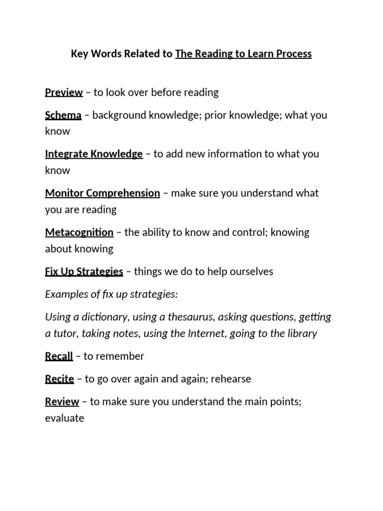 Key Words Related to the Reading to Learn Process (1) | PDF