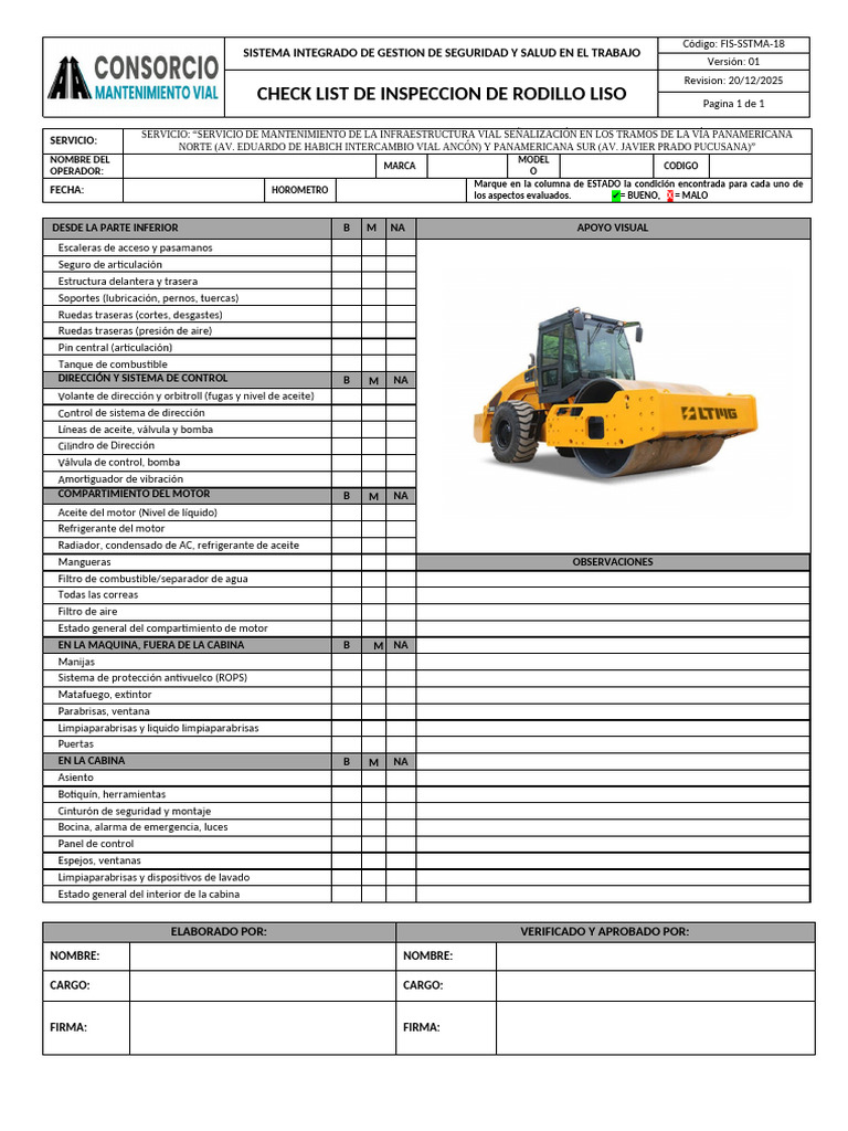 Checklist de Inspección de Rodillo Liso | PDF | Tecnología de vehículos ...