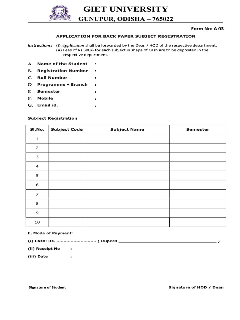 Application For Back Paper Subject Registration | PDF