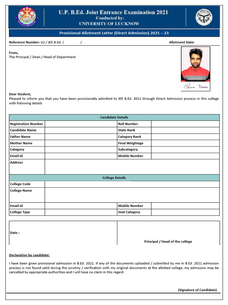 Provisional B.Ed. Admission Letter 2021 | PDF
